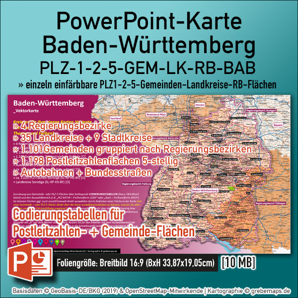 PowerPoint-Karte Baden-Württemberg Postleitzahlen PLZ 1-2-5-stellig Gemeinden Landkreise Regierungsbezirke Autobahnen einfärbbar bearbeitbar download – mit Deutschlandkarte (V2)