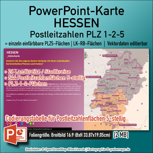 PowerPoint-Karte Hessen Postleitzahlen PLZ 1-2-5-stellig Landkreise einfärbbar bearbeitbar download – mit Deutschlandkarte