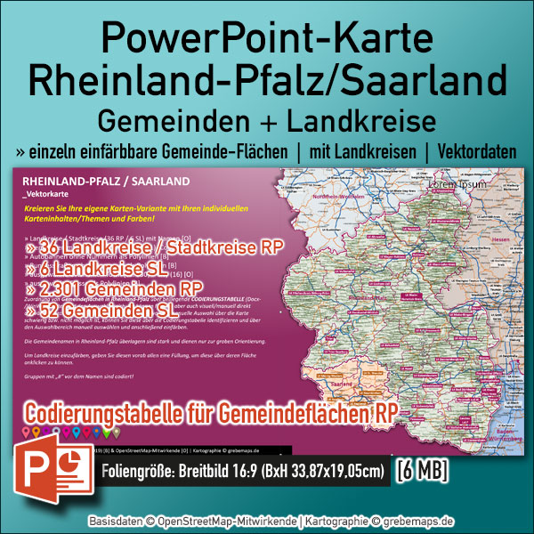 PowerPoint-Karte Rheinland-Pfalz / Saarland Gemeinden Landkreise einfärbbar bearbeitbar download – mit Deutschlandkarte