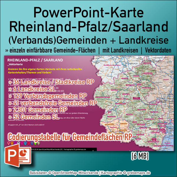 PowerPoint-Karte Rheinland-Pfalz / Saarland Gemeinden Landkreise einfärbbar bearbeitbar download – mit Deutschlandkarte (V2) mit Verbandsgemeinden Rheinland-Pfalz