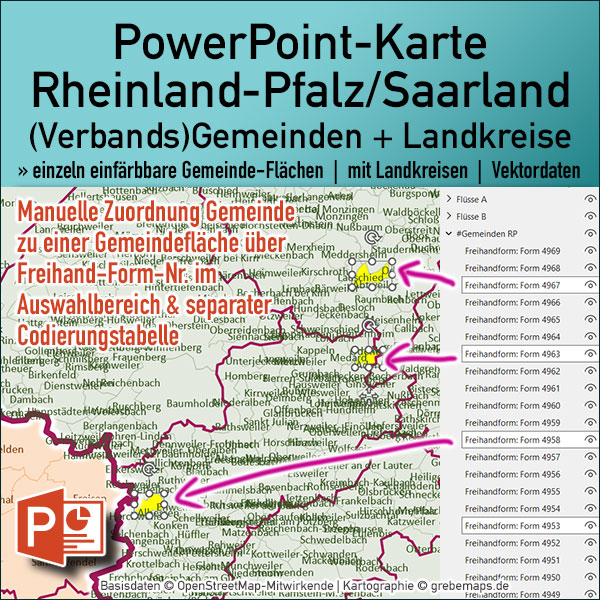 PowerPoint-Karte Rheinland-Pfalz Verbandsgemeinden Gemeinden Landkreise, Landkarte Saarland Gemeinden, Landkarte Rheinland-Pfalz Gemeinden, Vektorkarte, editierbar