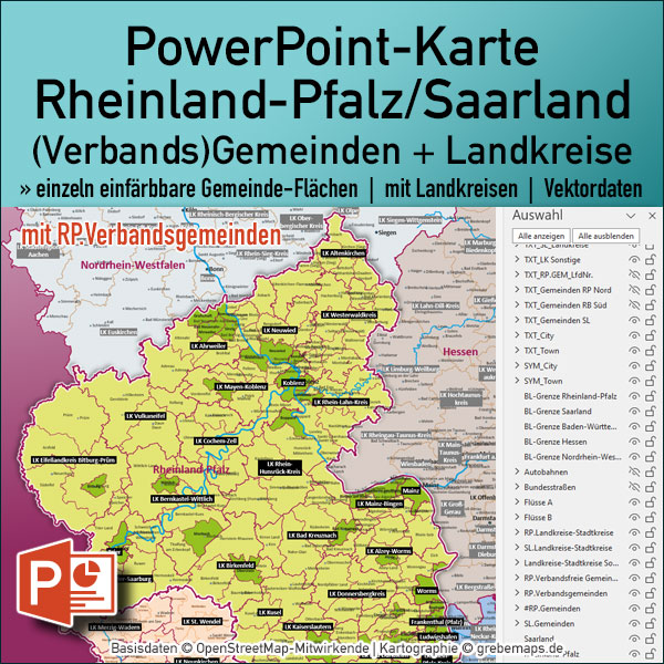 PowerPoint-Karte Rheinland-Pfalz Verbandsgemeinden Gemeinden Landkreise, Landkarte Saarland Gemeinden, Landkarte Rheinland-Pfalz Gemeinden, Vektorkarte, editierbar