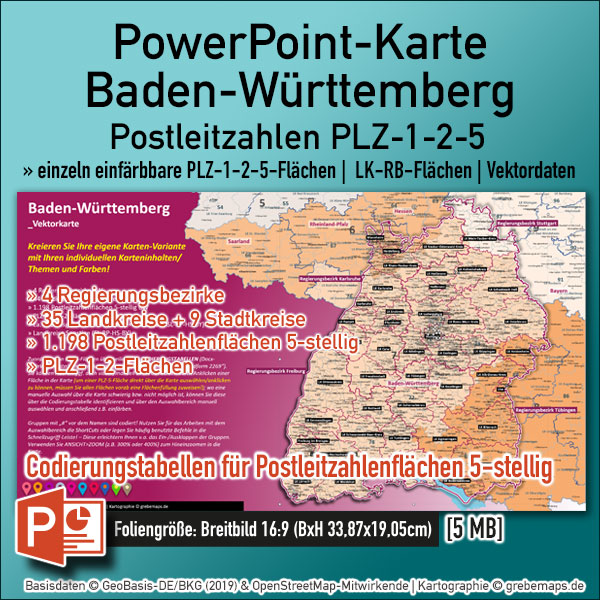 PowerPoint-Karte Baden-Württemberg Postleitzahlen PLZ 1-2-5-stellig Landkreise Regierungsbezirke einfärbbar bearbeitbar download – mit Deutschlandkarte