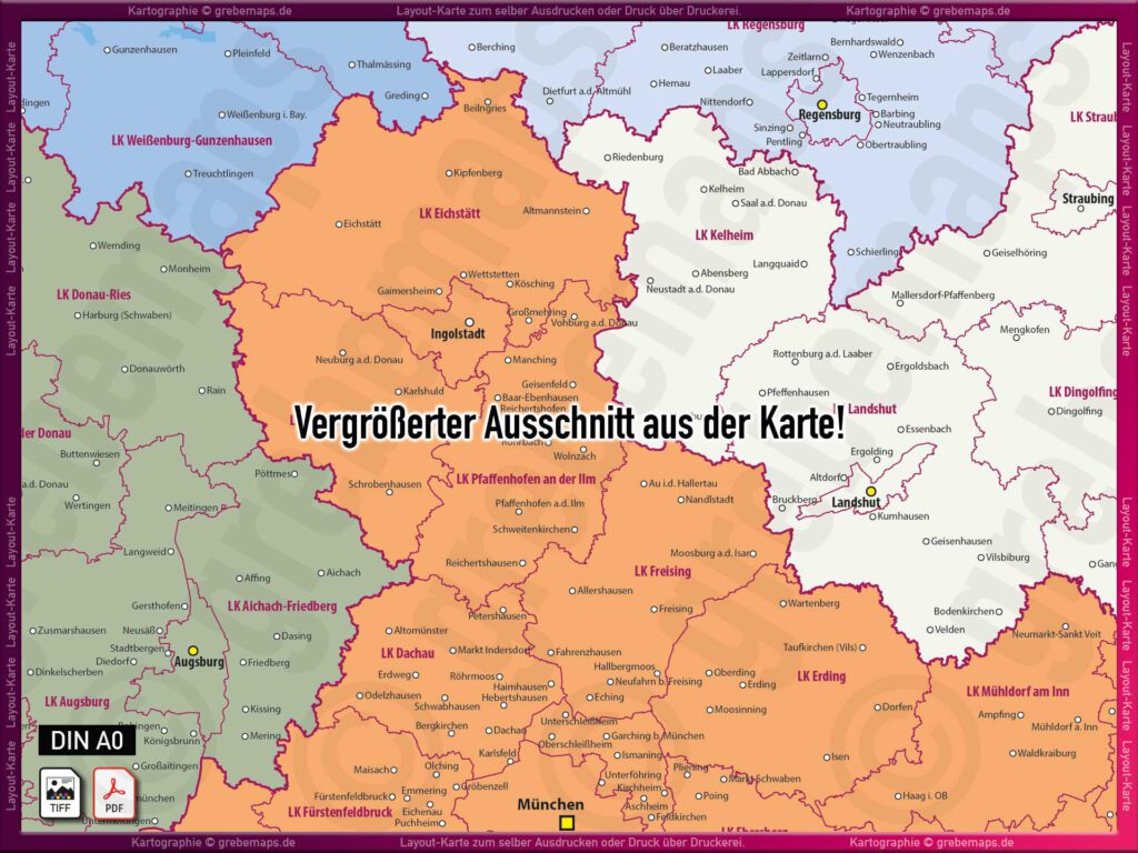 Bayern LayoutKarte Regierungsbezirke Landkreise kreisfreie Städte
