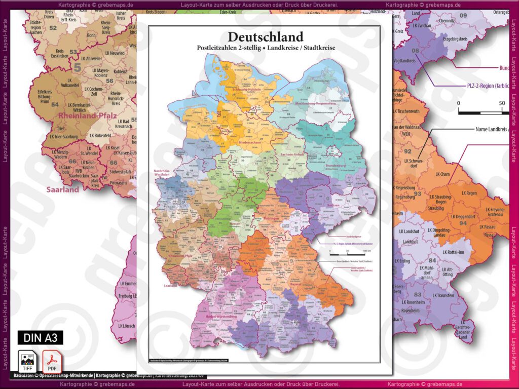 Deutschland Layout-Karte Postleitzahlen PLZ 2-stellig Landkreise