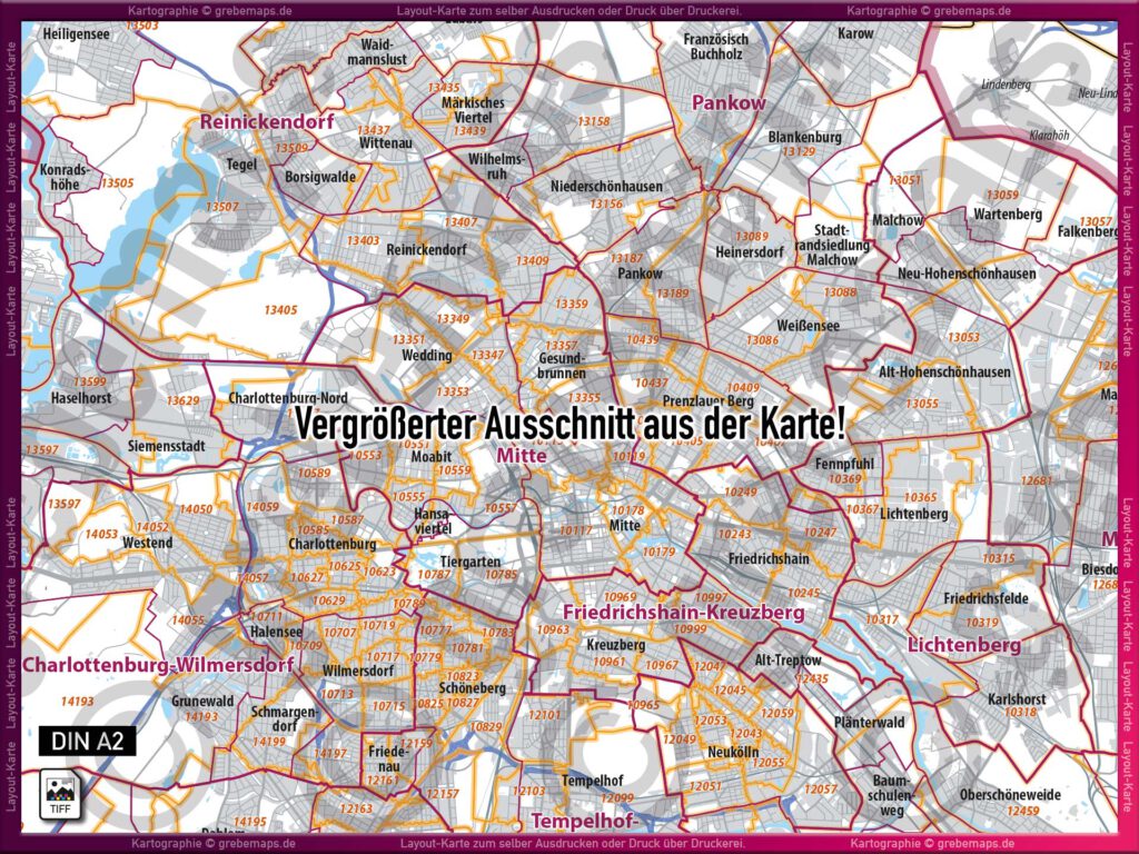 Berlin LayoutKarte Postleitzahlen PLZ 5stellig Stadtteile