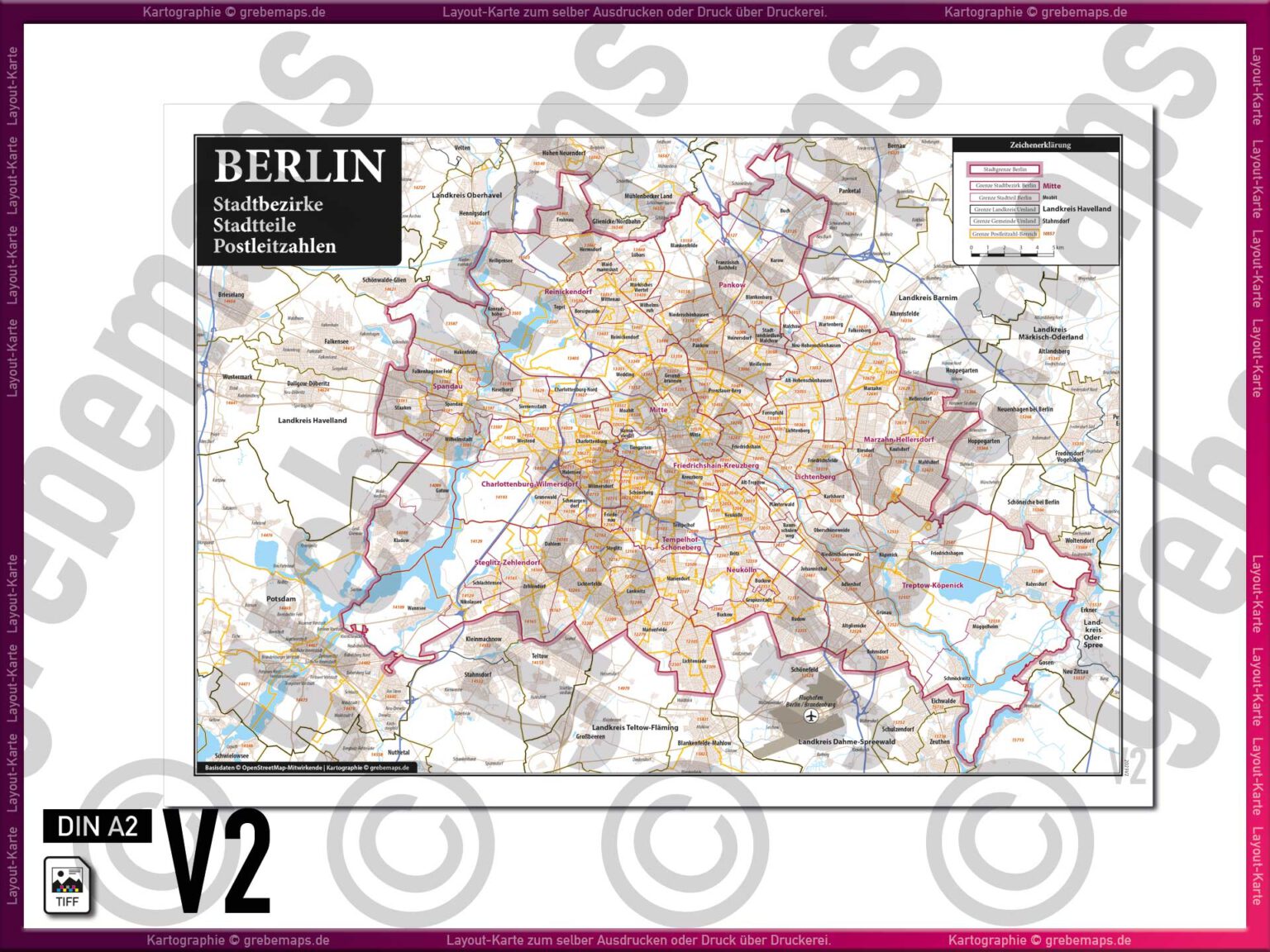 Berlin LayoutKarte Postleitzahlen PLZ 5stellig Stadtteile