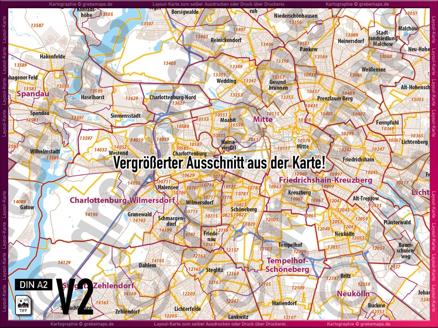 Berlin LayoutKarte Postleitzahlen PLZ 5stellig Stadtteile