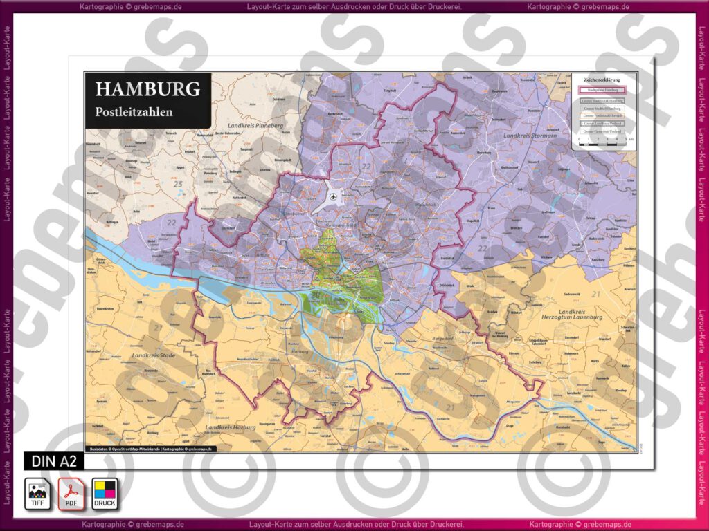 Hamburg Layout-Karte Postleitzahlen PLZ 5-stellig Landkarte Stadtplan ...