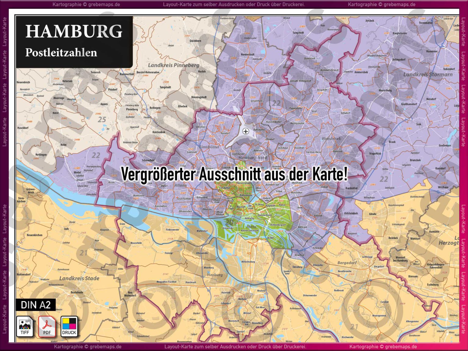 Hamburg Layout-Karte Postleitzahlen PLZ 5-stellig Landkarte Stadtplan ...