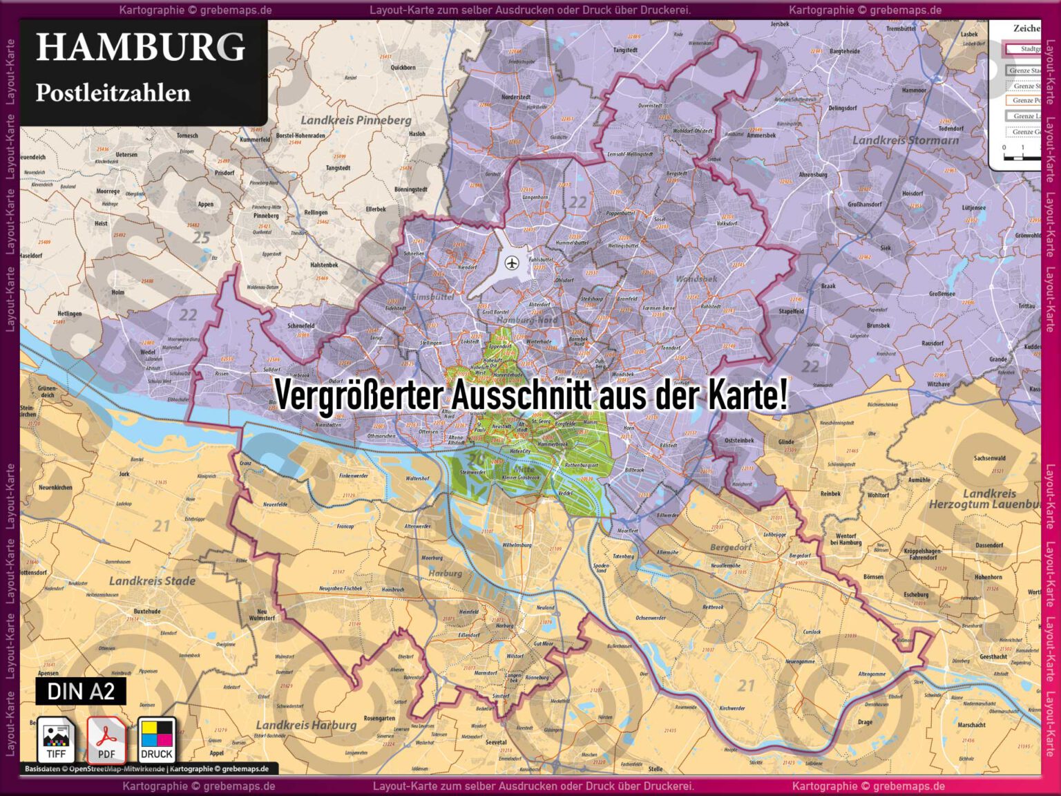 Hamburg Layout-Karte Postleitzahlen PLZ 5-stellig Landkarte Stadtplan ...
