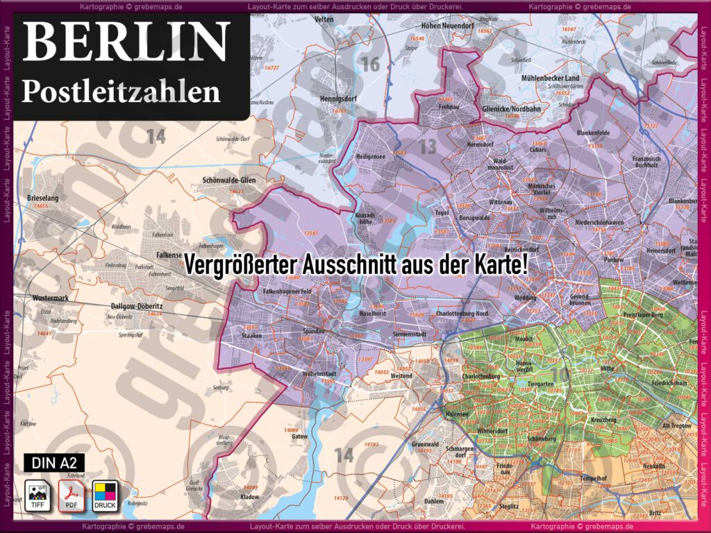 Berlin LayoutKarte Postleitzahlen PLZ 5stellig Landkarte DIN A2