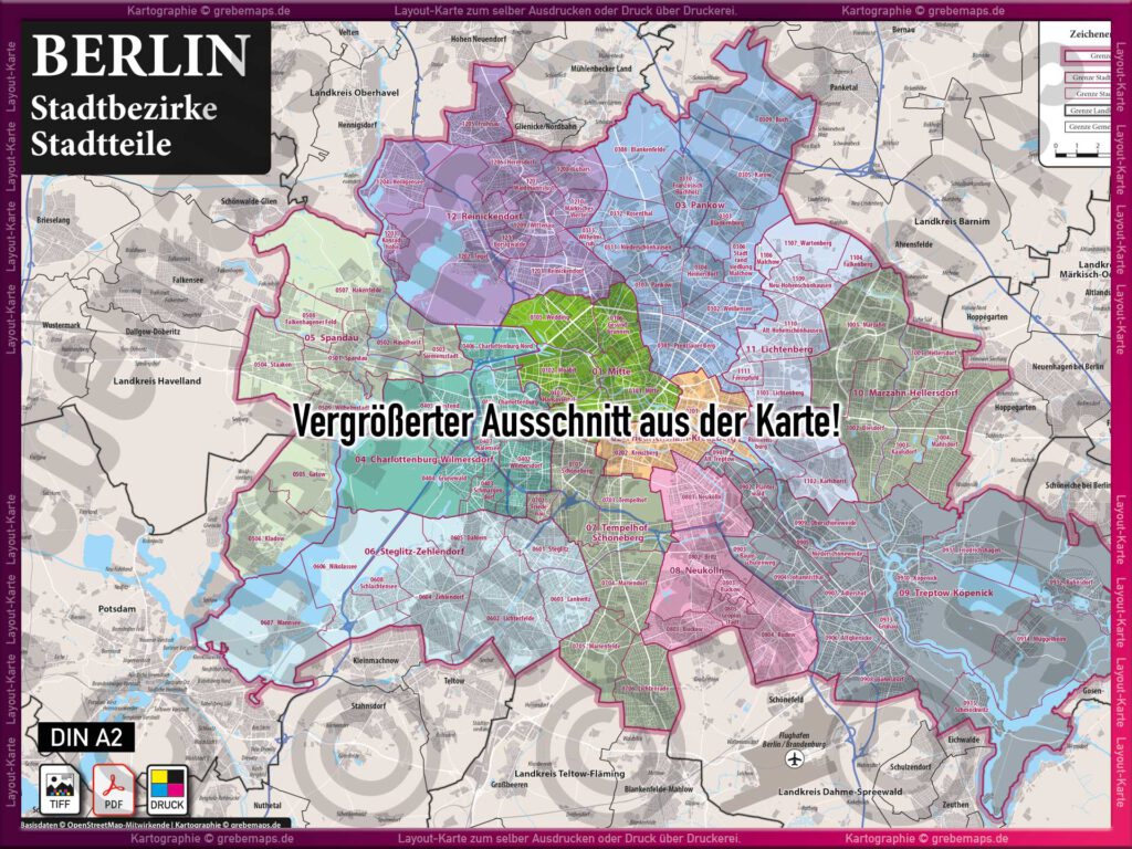 Google übersetzer Berliner Berlin Layout-Karte Stadtteile Stadtbezirke Landkarte Stadtplan - DIN