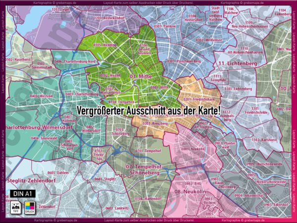 Berlin Layout-Karte Stadtteile Stadtbezirke Landkarte Stadtplan - DIN