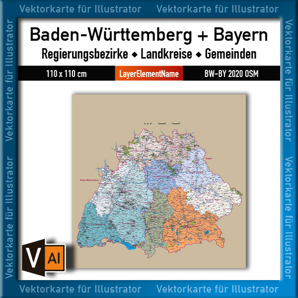 Baden-Württemberg Bayern Vektorkarte Landkarte Regierungsbezirke Landkreise Gemeinden Autobahnen (2020)