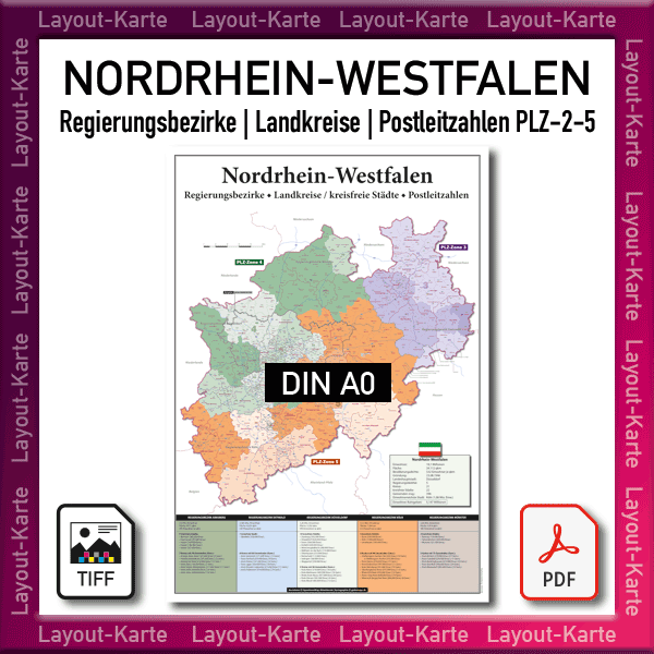 Nordrhein-Westfalen NRW Layout-Karte Regierungsbezirke Landkreise Postleitzahlen PLZ 1-2-5-stellig – DIN A0 – Landkarte als Druckdatei TIFF zum selber Drucken