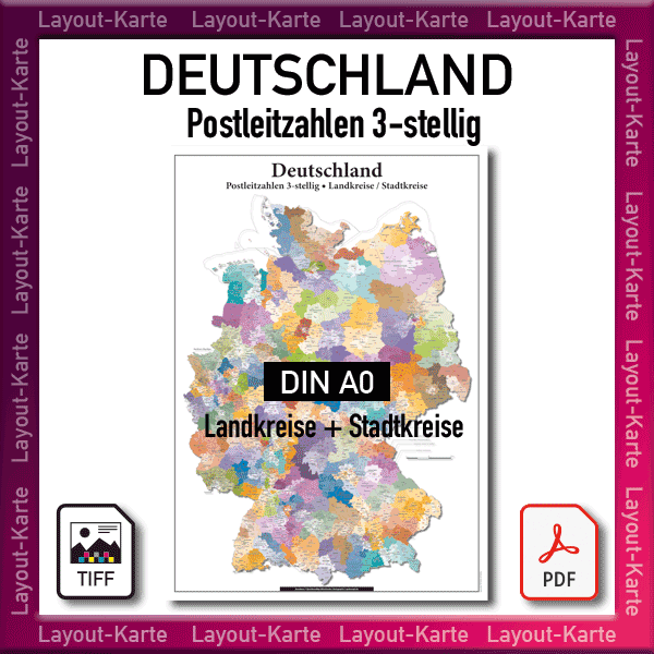 Deutschland Layout-Karte Postleitzahlen PLZ 3-stellig Landkreise Landkarte – DIN A0 – Druckdatei TIFF zum selber Drucken