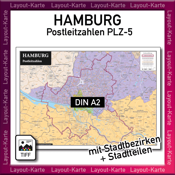 Hamburg Layout-Karte Postleitzahlen PLZ 5-stellig Landkarte Stadtplan – DIN A2 – Druckdatei TIFF zum selber Drucken