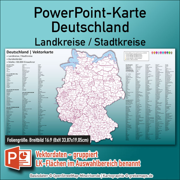 PowerPoint-Karte Deutschland Landkreise Bundesländer Städte>50K Landkarte Vektorkarte (7 MB)