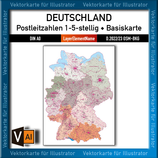 Deutschland Postleitzahlen Karte PLZ-1-5 (1-/5-stellig) – Vektorkarte Basiskarte (2022/23)