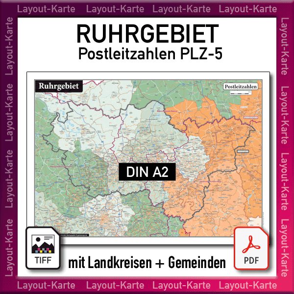 Ruhrgebiet Layout-Karte Postleitzahlen PLZ 5-stellig Gemeinden Landkreise Landkarte – DIN A2 – Druckdatei TIFF zum selber Drucken