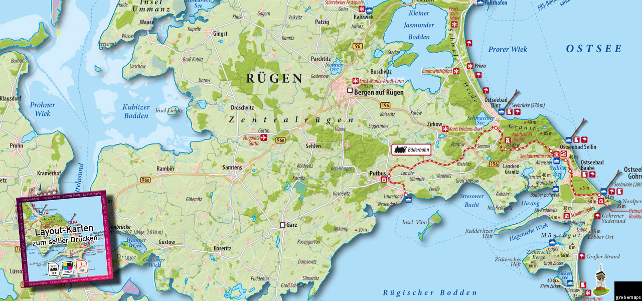 Übersichtskarte Rügen mit Sehenswürdigkeiten zum selber Drucken Layout-Karte Landkarte Inselkarte Rügen