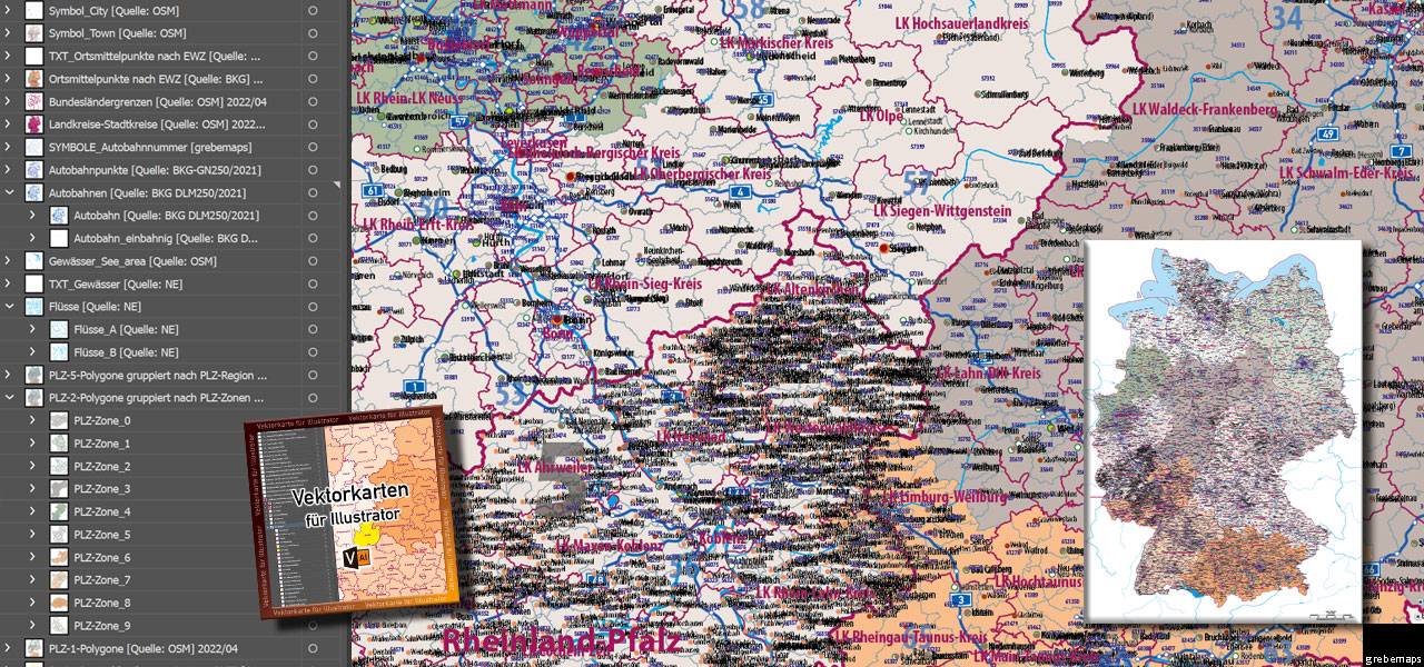 Postleitzahlenkarte Deutschland Vektorkarte für Illustrator Landkarte vector map editerbar ebenen-separiert