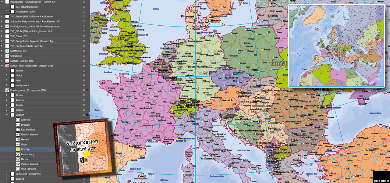 Europakarte flächentreu für Illustrator editierbar ebenen-separiert Vektorkarte vector map
