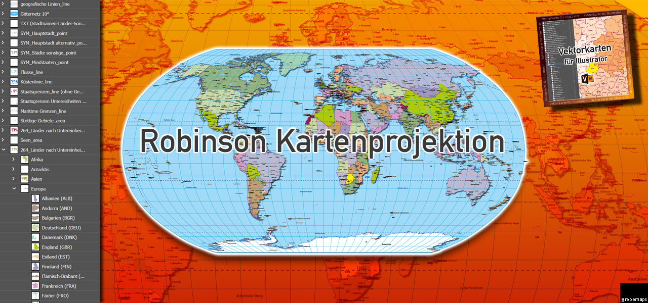 Weltkarte Robinson für Illustrator editierbar ebenen-separiert Vektorkarte vector map