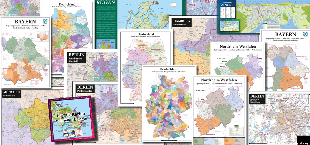 Layout-Karten zum selber Drucken Postleitzahlenkarten Bundeslandkarten Berlin Hamburg München Rügen Landkarten