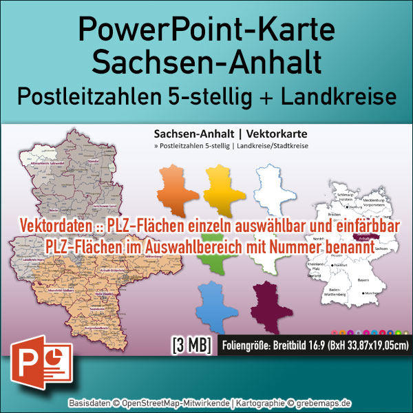 Postleitzahlenkarte Sachsen-Anhalt für PowerPoint, PowerPoint-Landkarte Sachsen-Anhalt Postleitzahlen, PLZ-Karte Sachsen-Anhalt für PowerPoint