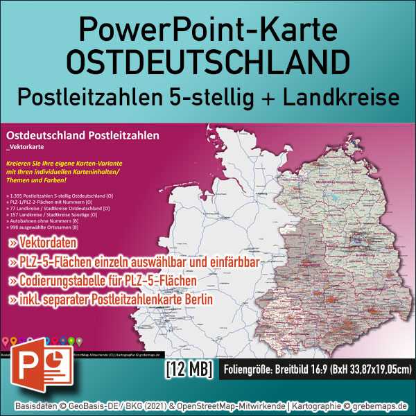 PowerPoint-Karte Ostdeutschland Postleitzahlen PLZ 5-stellig mit Landkreisen – Brandenburg-Berlin Sachsen Sachsen/-Anhalt Mecklenburg-Vorpommern Thüringen Vektorkarte