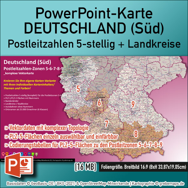 Postleitzahlenkarte Deutschland Süd Powerpoint Postleitzone 5 6 7 8 9 Vektorkarte Vektordaten einzeln einfärbbare PLZ-Flächen PLZ-Karte PowerPoint-Landkarte