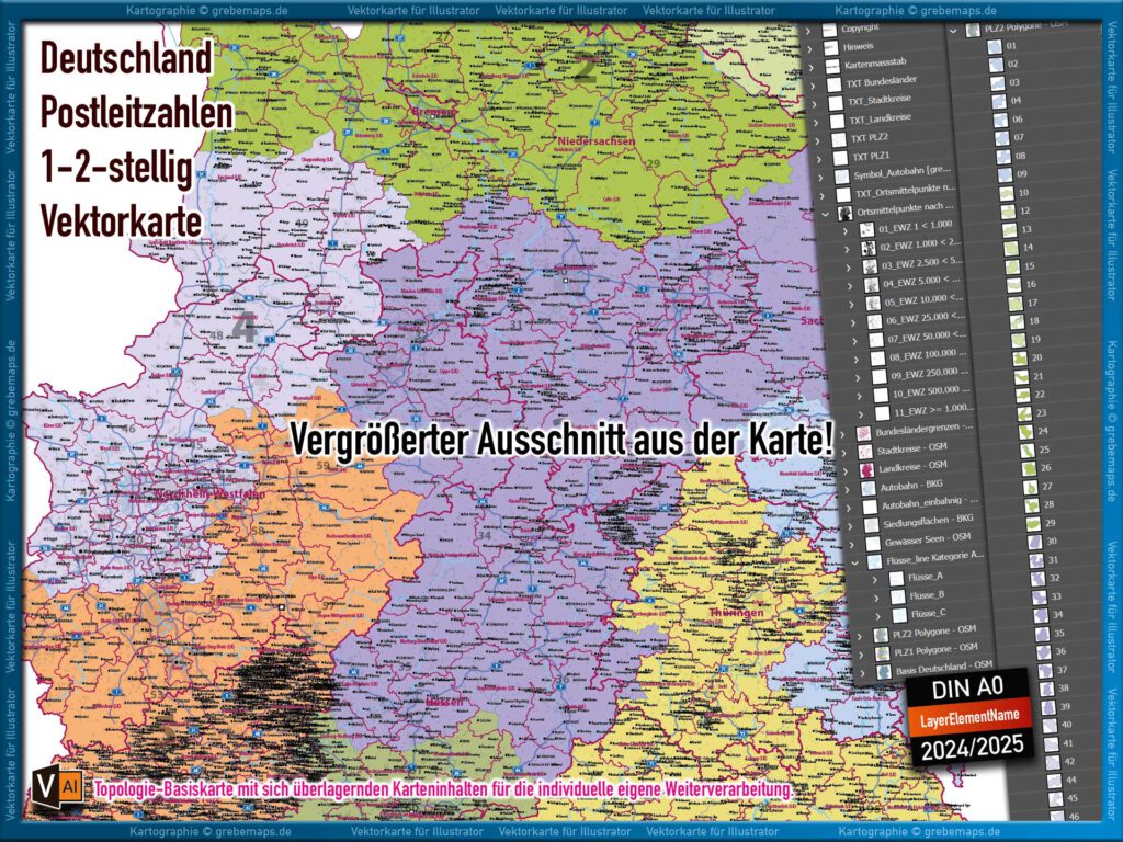 Deutschland Postleitzahlen-Karte PLZ-1-2 (1-/2-stellig) mit Landkreisen