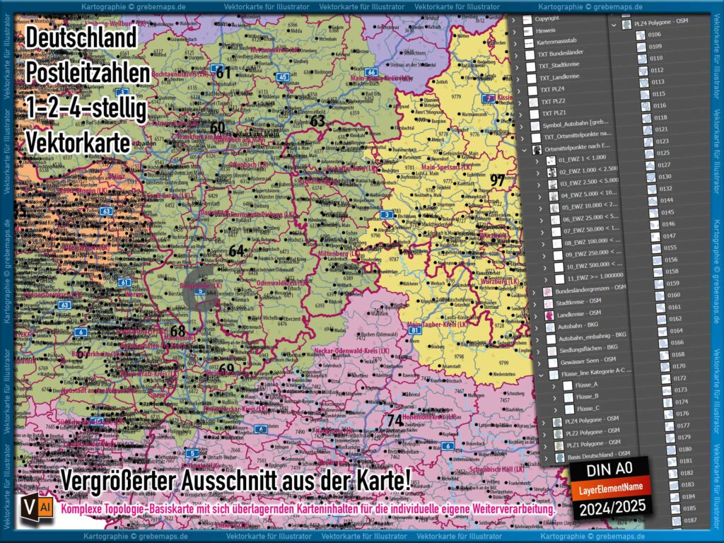 Deutschland Postleitzahlenkarte PLZ-1-2-4 (1-/2-/4-stellig) mit