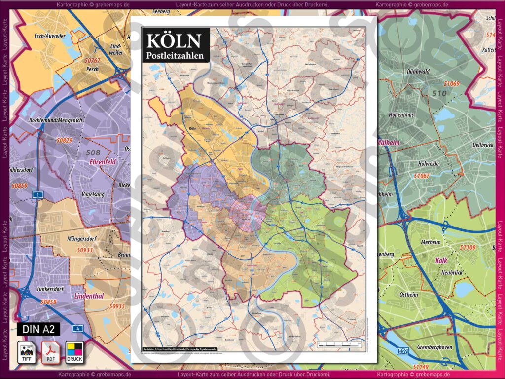Köln LayoutKarte Postleitzahlen PLZ 5stellig Landkarte Stadtplan mit Stadtbezirken und