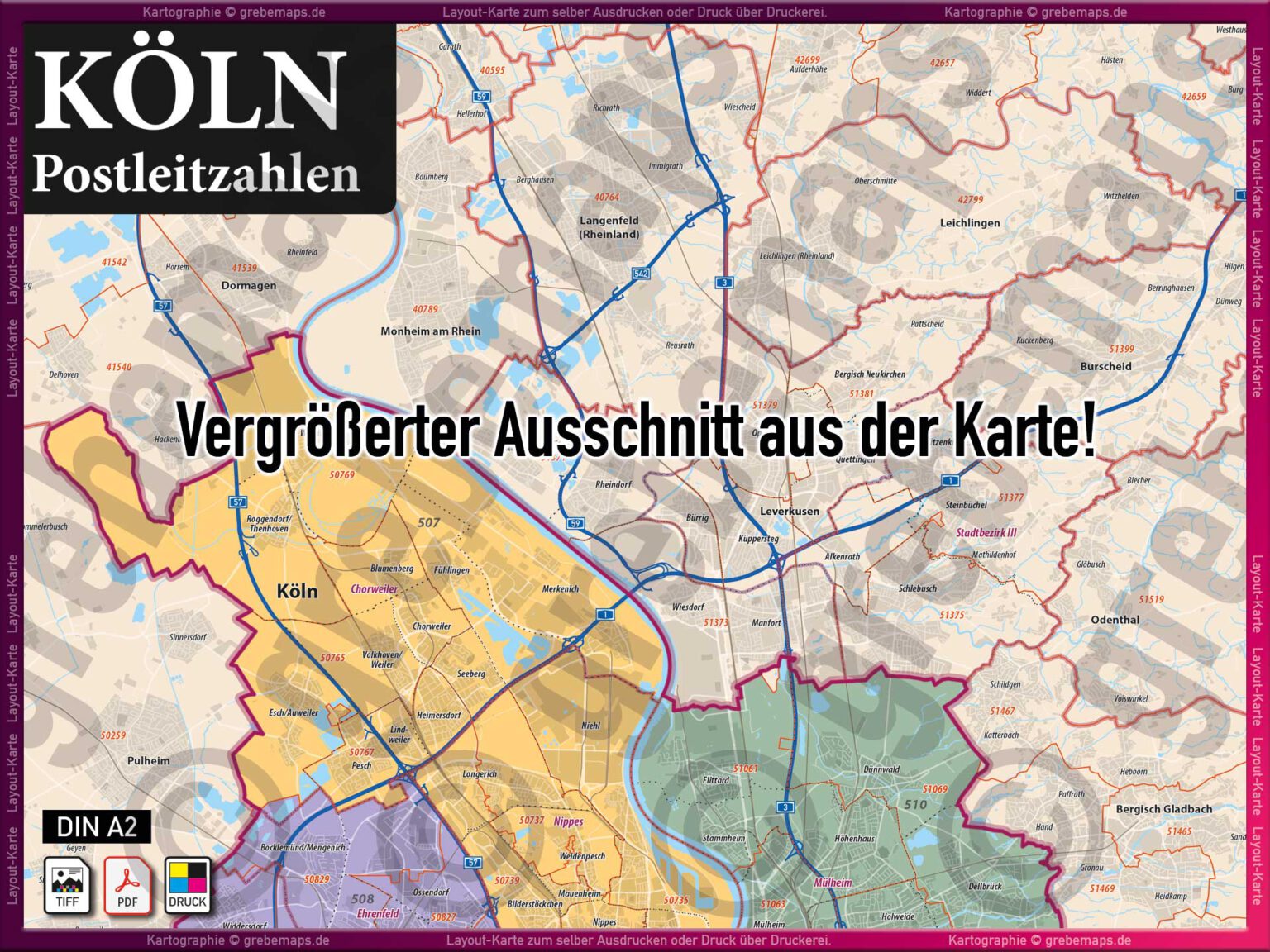 Köln LayoutKarte Postleitzahlen PLZ 5stellig Landkarte Stadtplan mit Stadtbezirken und