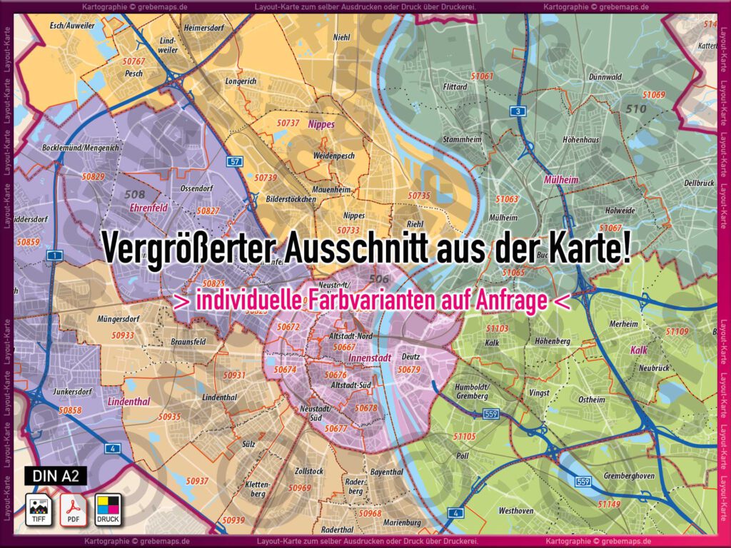 Köln Layout-Karte Postleitzahlen PLZ 5-stellig Landkarte Stadtplan mit ...