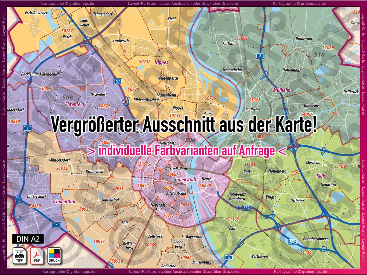 Köln LayoutKarte Postleitzahlen PLZ 5stellig Landkarte Stadtplan mit Stadtbezirken und