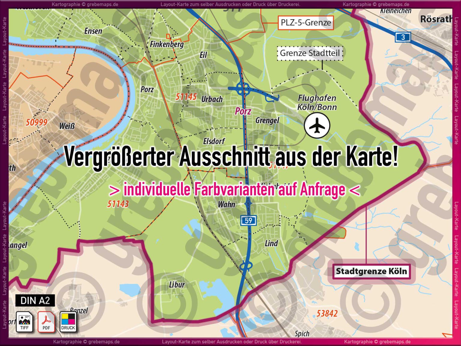 Köln LayoutKarte Postleitzahlen PLZ 5stellig Landkarte Stadtplan mit Stadtbezirken und