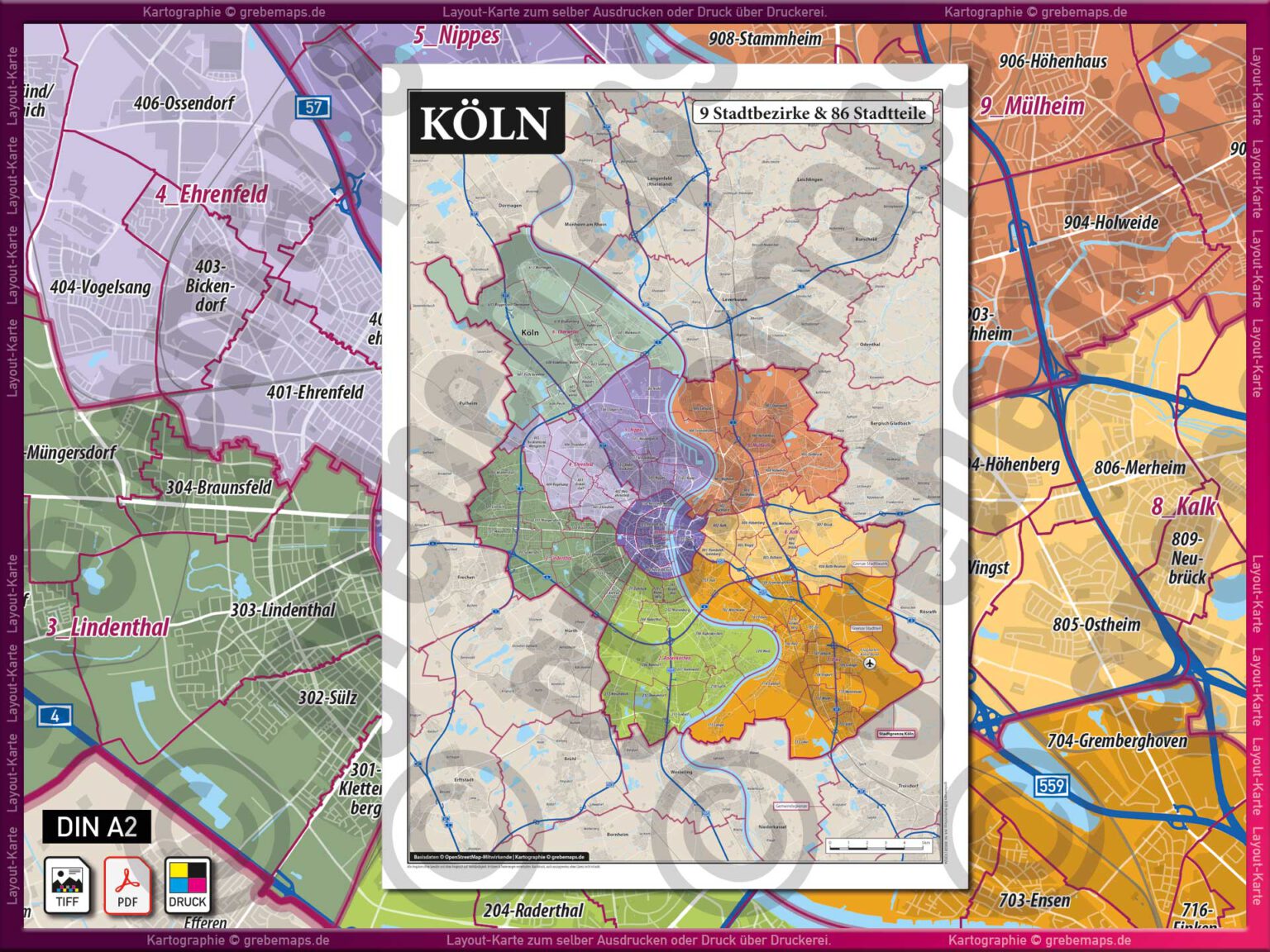 Köln LayoutKarte Stadtplan mit Stadtbezirken und Stadtteilen DIN A2