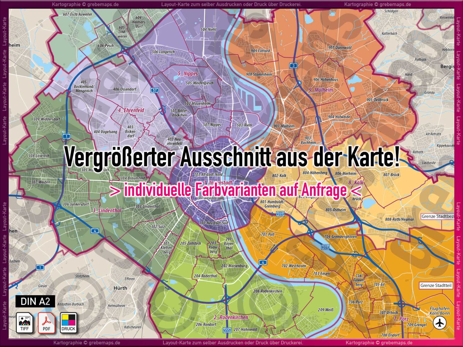 Köln LayoutKarte Stadtplan mit Stadtbezirken und Stadtteilen DIN A2