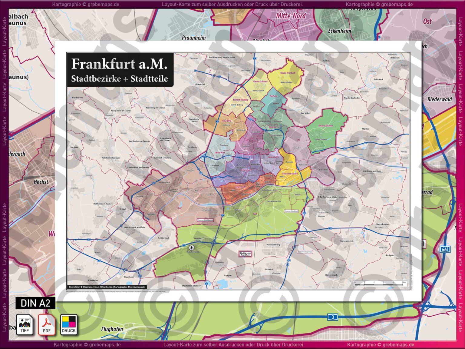 Stadtteil Von Frankfurt Am Main Bei Hofheim Frankfurt am Main Layout-Karte mit Stadtbezirken (= Ortsbezirke) und