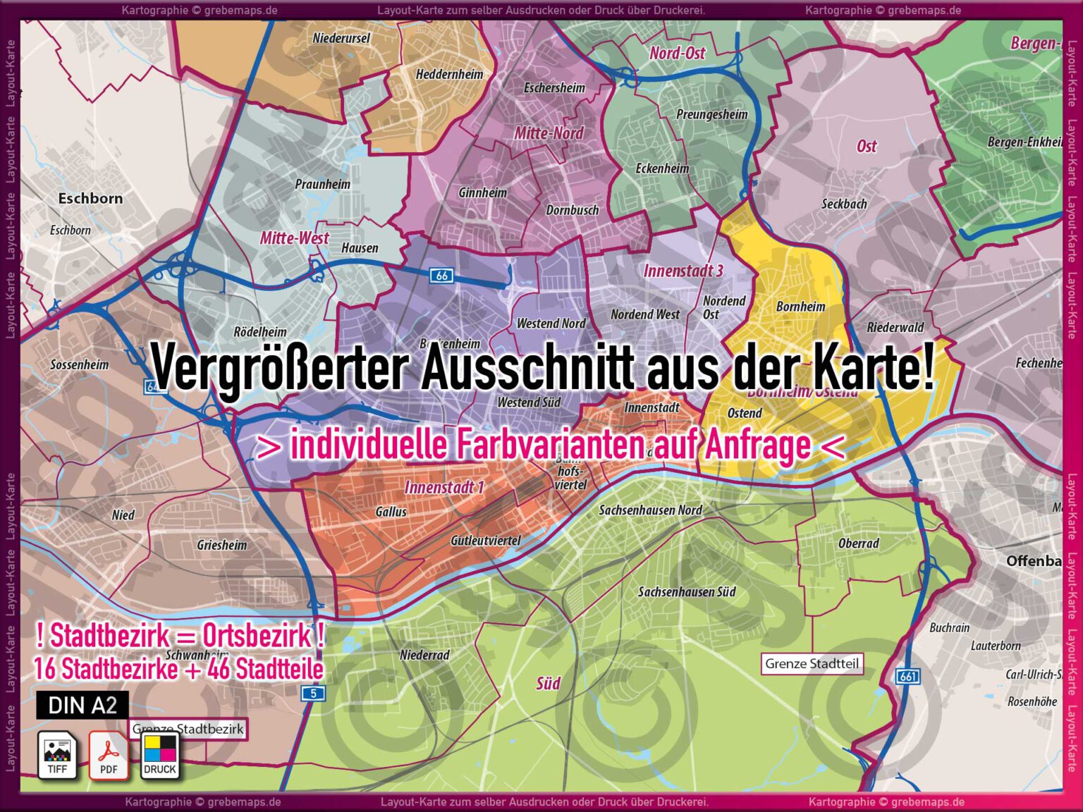 Frankfurt am Main LayoutKarte mit Stadtbezirken (= Ortsbezirke) und Stadtteilen Landkarte