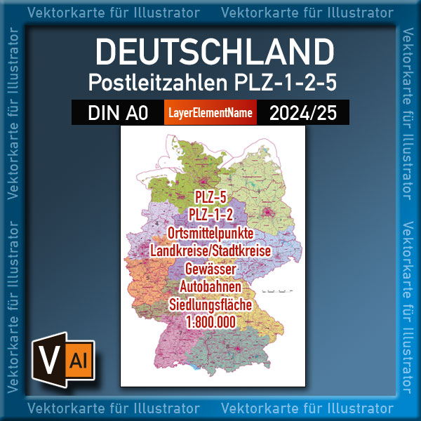 Deutschland Postleitzahlenkarte PLZ-1-2-5 (1-/2-/5-stellig) mit Landkreisen Autobahnen Ortsmittelpunkten Siedlungsflächen Vektorkarte (2024/25) Landkarte