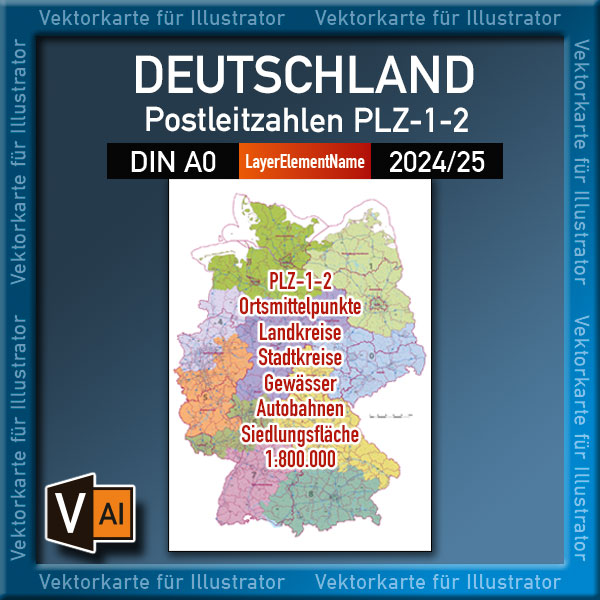 Deutschland Postleitzahlen-Karte PLZ-1-2 (1-/2-stellig) mit Landkreisen Autobahnen Ortsmittelpunkten Siedlungsflächen Vektorkarte (2024/25) Landkarte