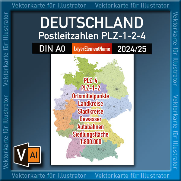 Deutschland Postleitzahlenkarte PLZ-1-2-4 (1-/2-/4-stellig) mit Landkreisen Autobahnen Ortsmittelpunkten Siedlungsflächen Vektorkarte (2024/25) Landkarte