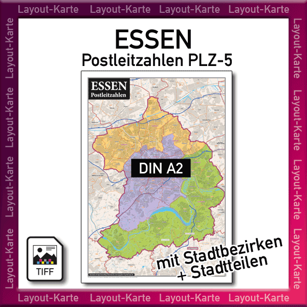 Essen Layout-Karte Postleitzahlen PLZ 5-stellig Landkarte Stadtplan mit Stadtbezirken und Stadtteilen – DIN A2 – Druckdatei TIFF zum selber Drucken
