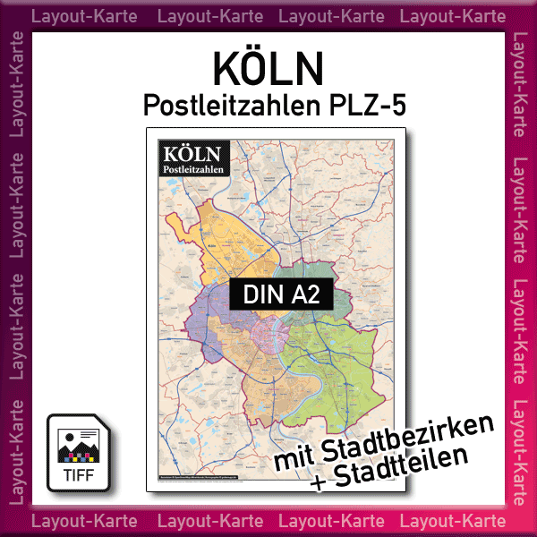 Köln Layout-Karte Postleitzahlen PLZ 5-stellig Landkarte Stadtplan mit Stadtbezirken und Stadtteilen – DIN A2 – Druckdatei TIFF zum selber Drucken
