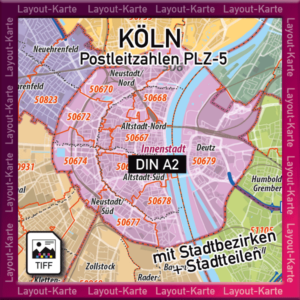 Köln Layout-Karte Postleitzahlen PLZ 5-stellig Landkarte Stadtplan mit ...